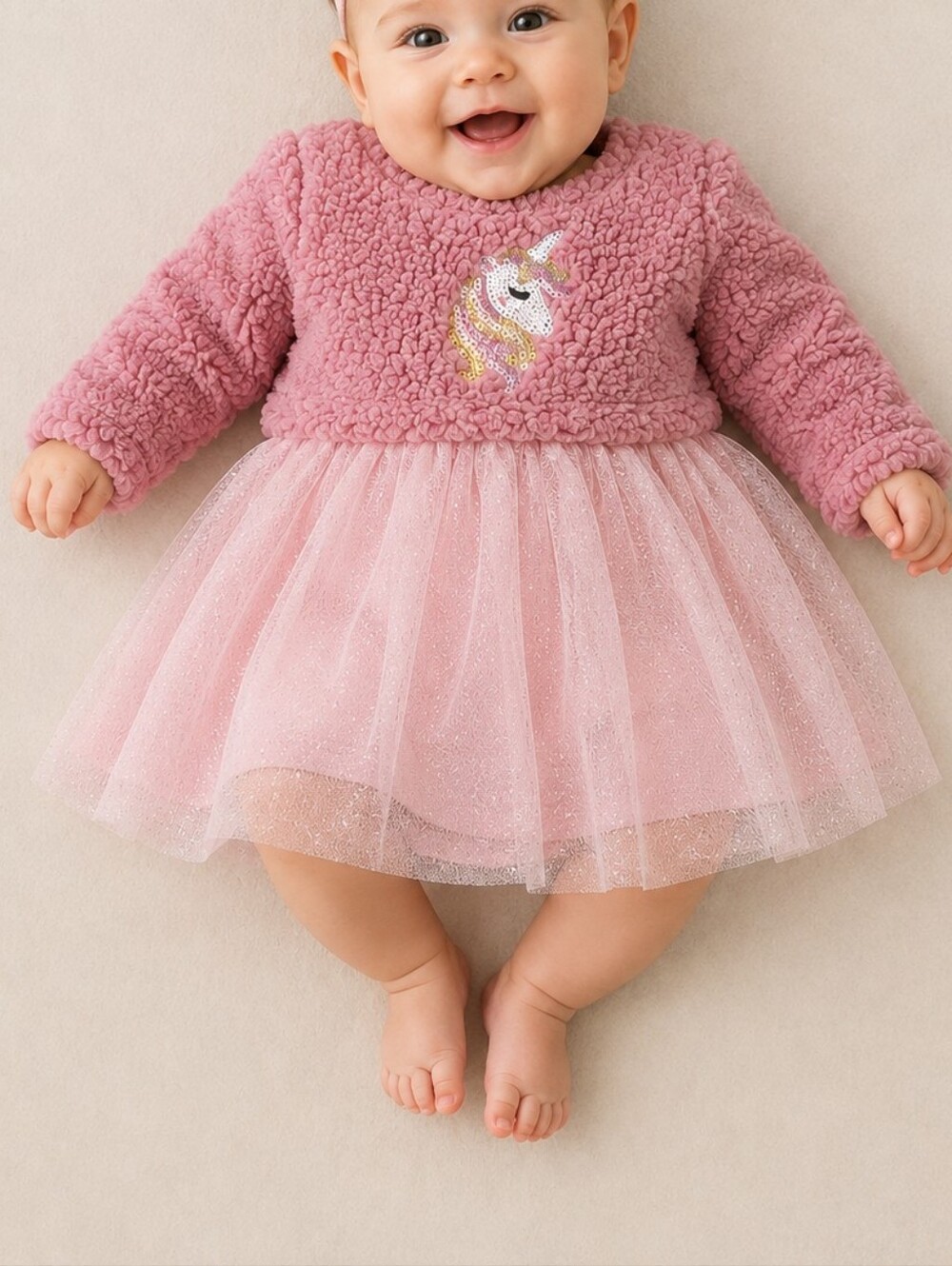 Young Hearts Baby Girl 3-6M Pink Fuzzy Teddy Bear Sequin Unicorn Tutu Tutu Dress